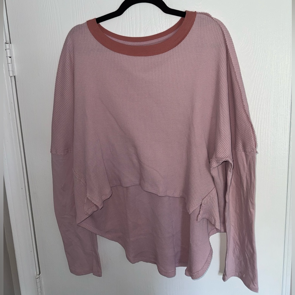We The Free Dusty Rose Waffle-Knit Pullover with Contrast Neck